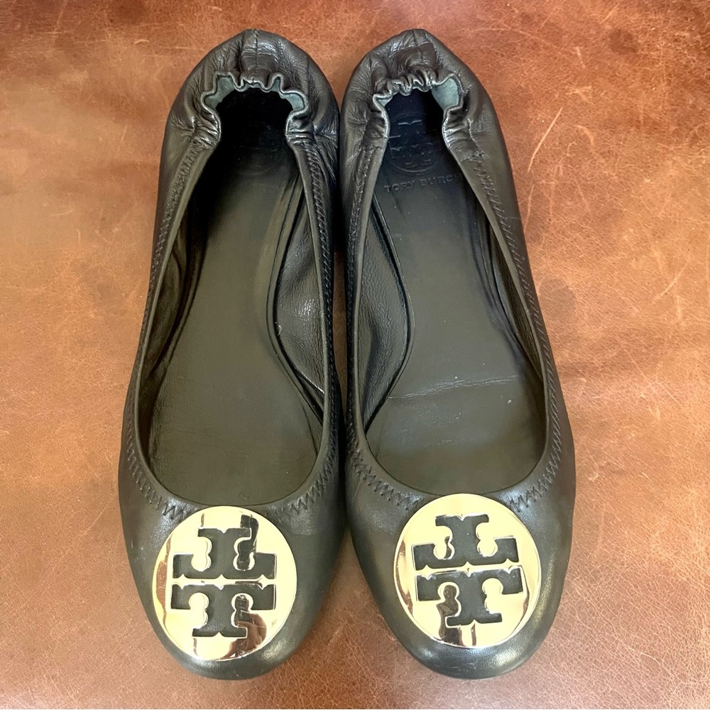 Tory Burch Minnie Travel Black Leather Ballet Flats Size 8
